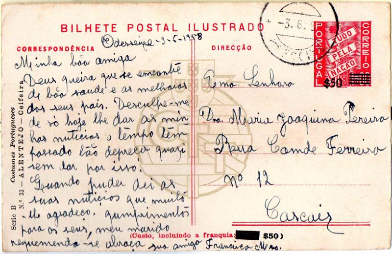 2157 f.jpg -     Lote:    2157 (frente)      Lotes pelo Correio              Descrição:         1953 &mdash; Tudo pela Nação, com sobretaxa e sobrecarga. Série B. Costumes Portugueses. OM127, $50 s/ 1$00 carmim. N.º 33 &mdash; Alentejo * Ceifeira. Circulado de Odemira (03.06.58) para Cascais.        IC       Valor Base:     &euro; 12,00     Valor Venda:     &euro;      